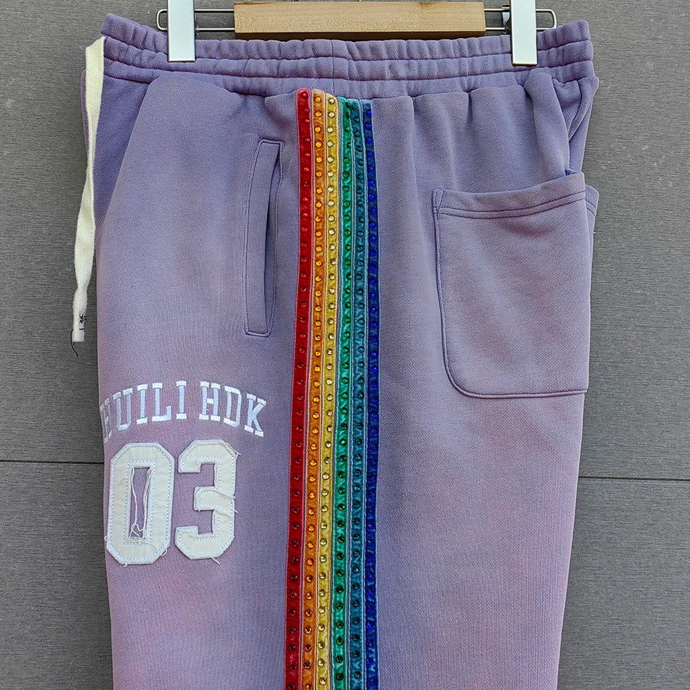 Huilin Manufacturer Oem Heavyweight Cotton Side Rhinestone Track Pants Men Custom Vintage Washed Sunfaded Wide Leg Sewatpants