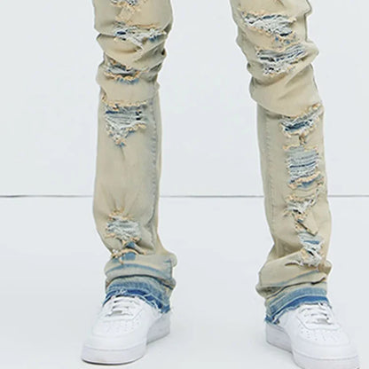 High Quality Distressed Slim Fit Jeans Light Wash Ripped Stacked Denim Jeans Men Skinny Flare Jeans Custom