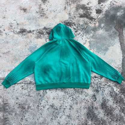 100% Cotton Heavyweight Zipper Hoodies Custom Screen Printed Men Oversized Fit Vintage Washed Rhinestone Sunfaded Hoodie