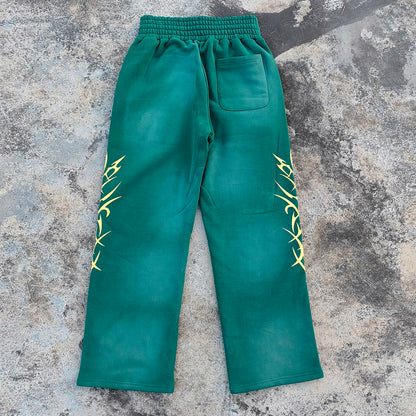 Custom Puff Printed Heavyweight Sweat Pants Drawstring Waist Men Vintage Washed Rhinestone Wide Leg Sunfaded Sweatpants