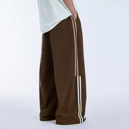 Striped Side Pockets Nylon Track Pants Men Custom Straight Wide Leg Oversized Baggy Parachute Pants