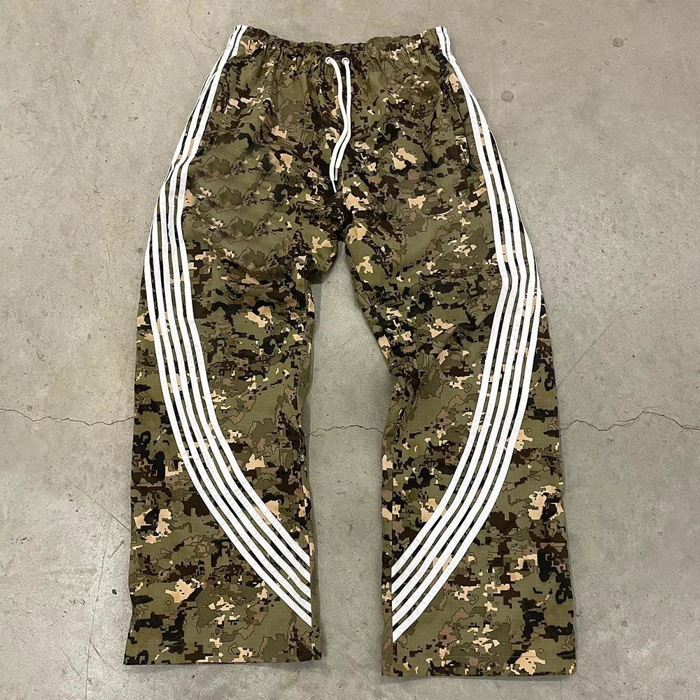 Huilin Manufacturer Unisex Oversized Striped Side Thick Cotton Track Pants Men Custom Allover Printed Wide Leg Camo Sweatpants