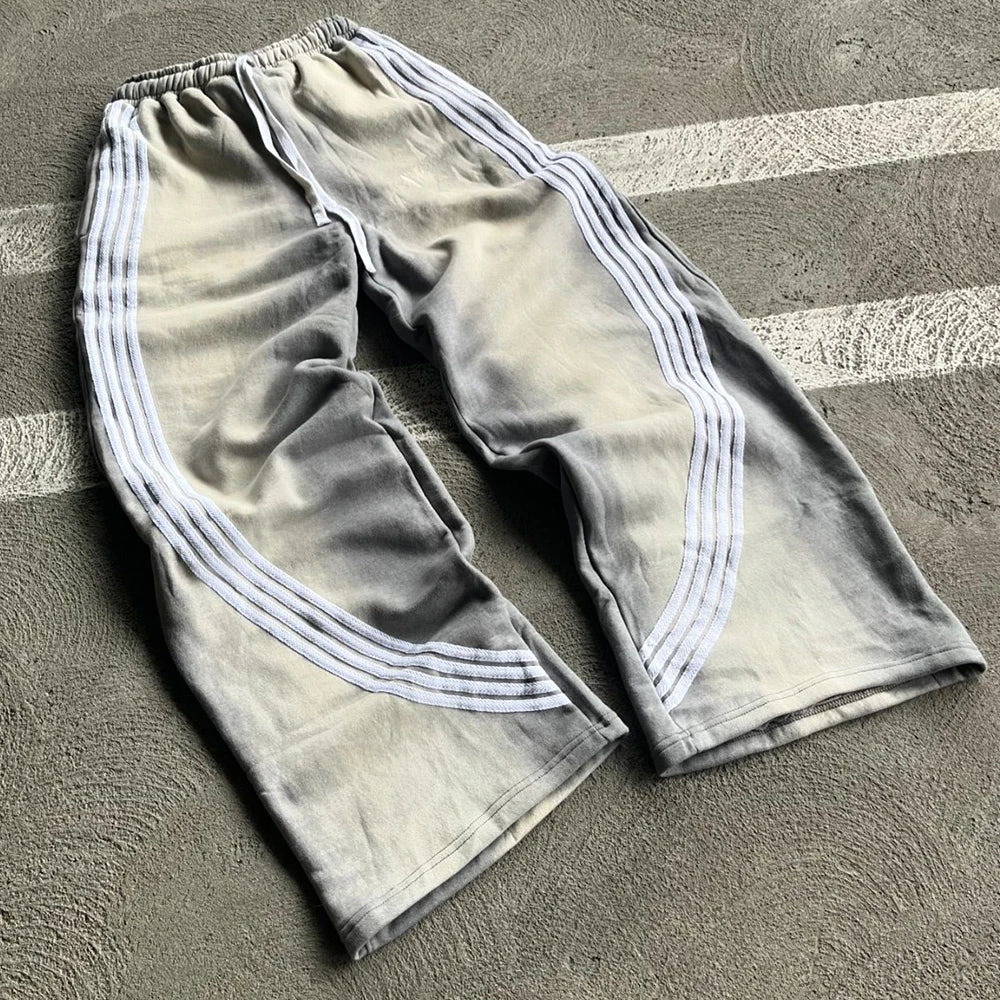 Huilin Vintage Washed Thick Cotton Streetwear Jogger Pants Custom Sun Faded Men Zipper Design Flared Leg Sweatpants