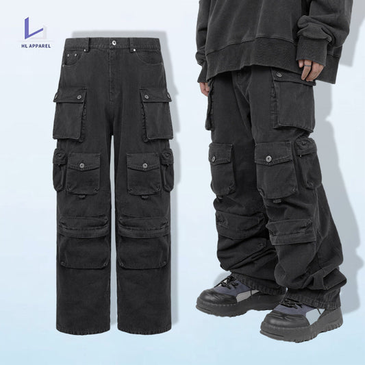 Monster factory wholesale vintage black wash straight leg pants mens custom utility multi-pocket baggy cargo pants