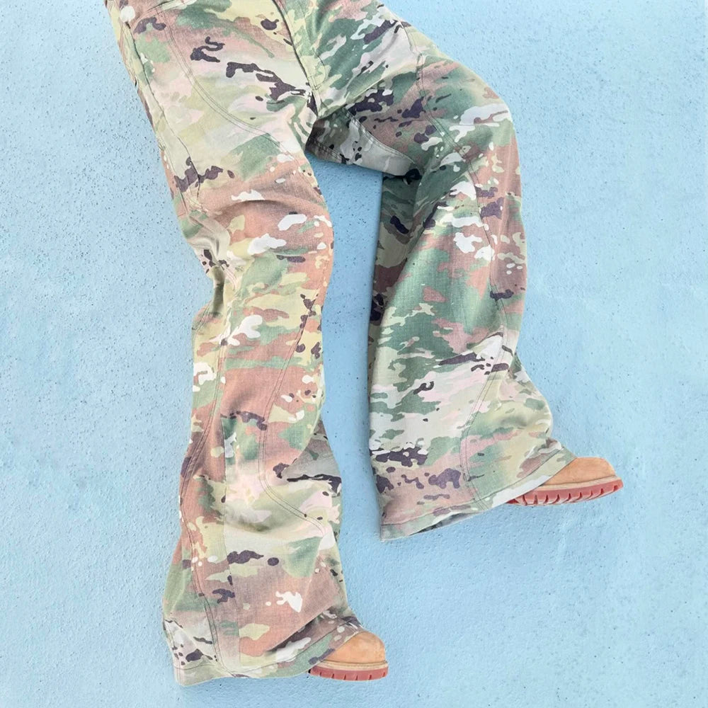 Huili Custom Fashion Streetwear Outdoor Work Pants Trousers Allover Camo Graphic Printing Men Baggy Wide Leg Flared Cargo Pants