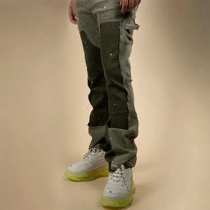 Men's Casual Denim Pants Custom Designer Style Carpenter Jeans Green Slim Fit Stack Flare Jeans Men