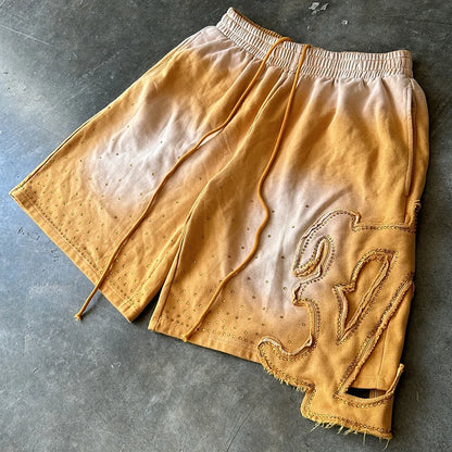 Streetwear Heavyweight Cotton Shorts Custom Vintage Washed Sun Faded Embroidery Logo Patched Rhinestone Sweat Shorts