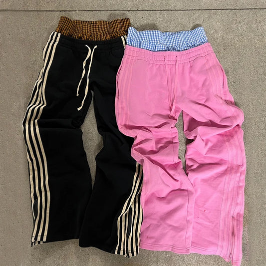 Oversized Trackpants Sweat Trouser Loose Stripe Straight Wide Leg Baggy Track Jogger Pant Double Waist Flared Sweatpants For Men