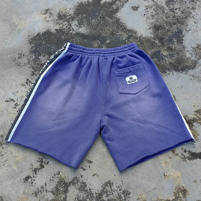 Huilin Shorts aus schwerer Baumwolle mit seitlichem Logo-Aufdruck, individuell gestaltete, sonnengebleichte, gewaschene Herren-Sweatshorts mit übergroßem, rauem Saum und Strasssteinen 