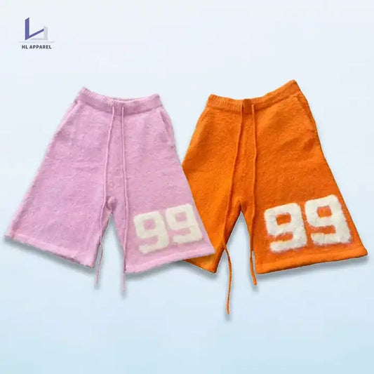 Monster factory wholesale custom fluffy mohair knitted shorts men drawstring waist loose fit winter shorts