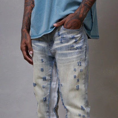 Patchwork Slim Fit Denim Jeans Men Pants Fashion Casual Wholesale Custom Ripped Stacked Flare Jeans