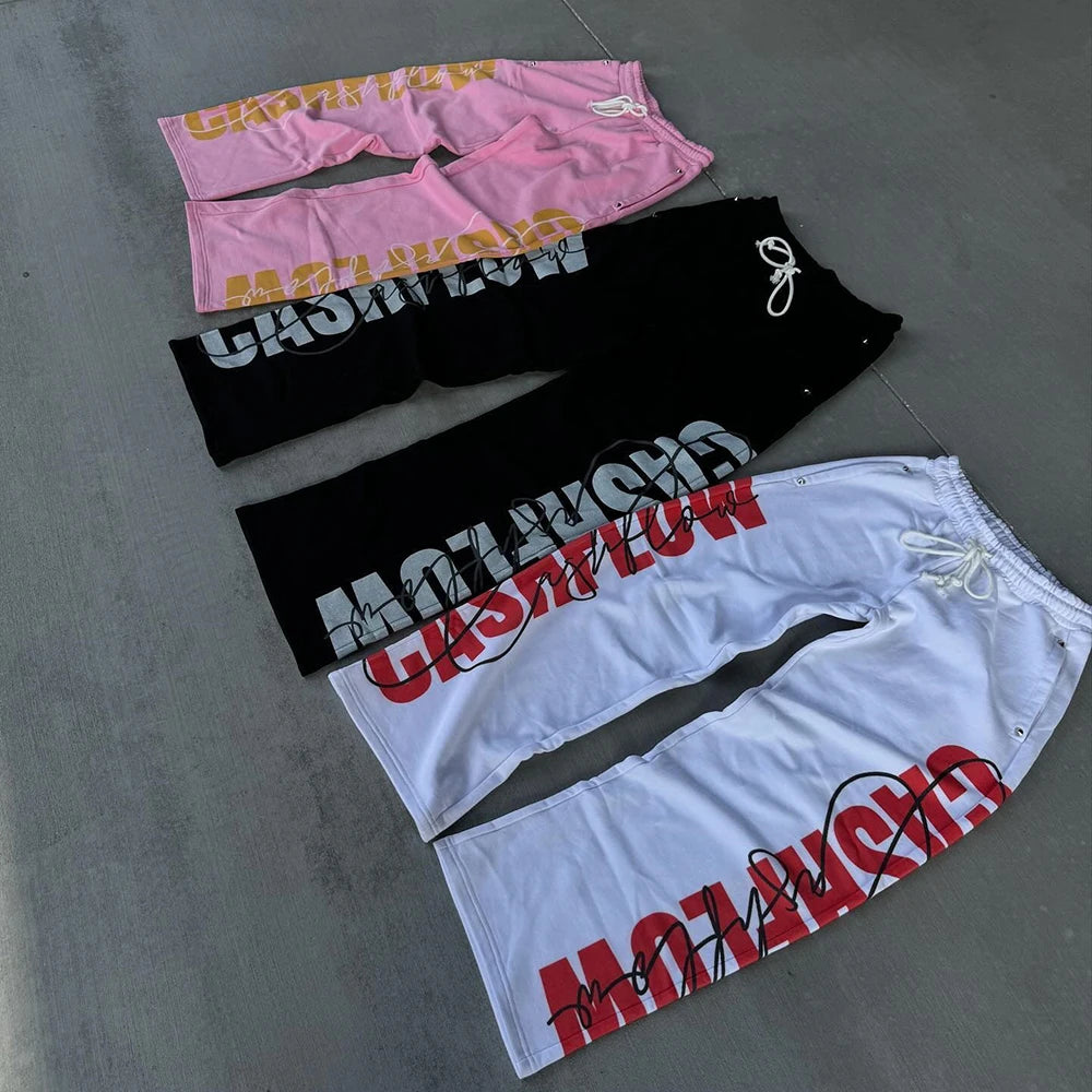 Huilin Winter Thick Cotton Sweat Pants Joggers Custom Logo Printed Men Sunfaded Vintage Heavyweight Baggy Wide Leg Sweatpants