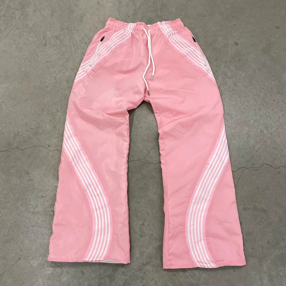 Huilin OEM Streetwear Unisex Sportswear Pants Trousers Custom Striped Trimmed Reversible Straight Wide Leg Men Track Pants