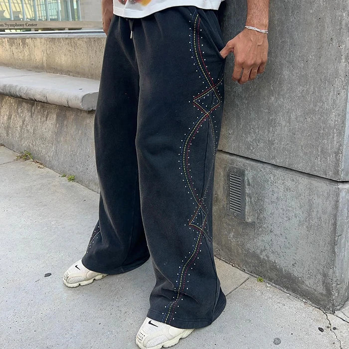 Huilin Heavyweight Cotton Unisxe Oversized Straight Leg Track Sweat Pants Men Custom Rhinestone Vintage Washed Baggy Sweatpants