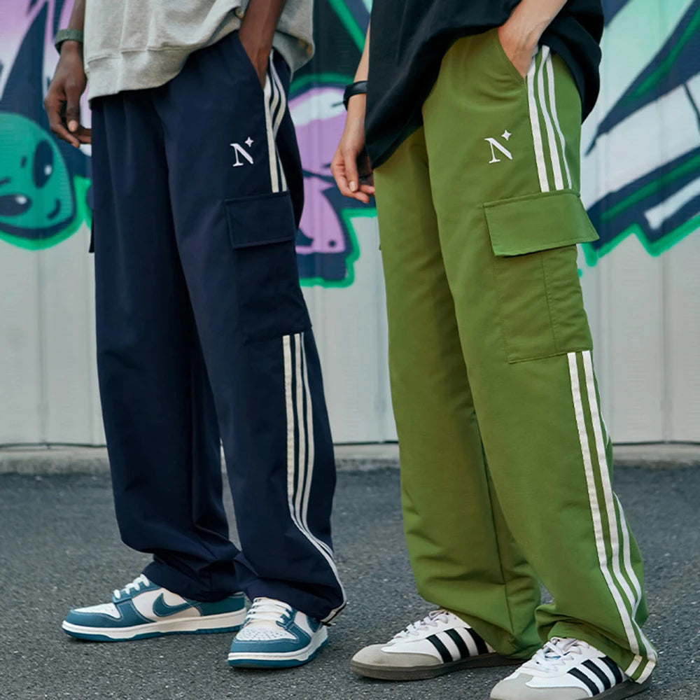 Huilin New Trend Streetwear Polyester Cargo Parachute Pants Side Striped Men Custom Baggy Wide Leg Oversized Track Pants