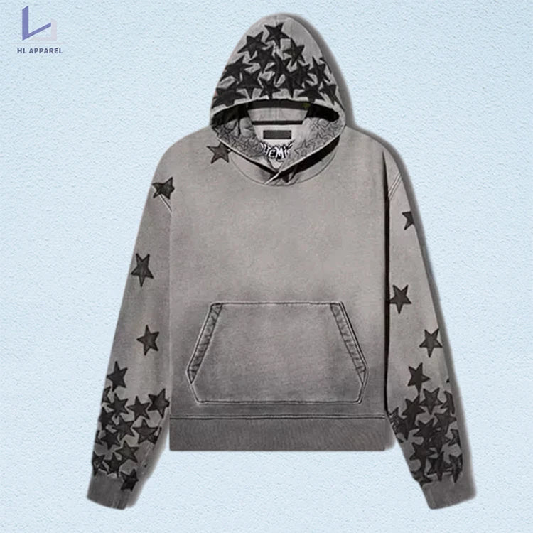 HL manufacturer wholesale men retro applique embroider garment dyed streetwear custom vintage washed star patch embroidery hoody