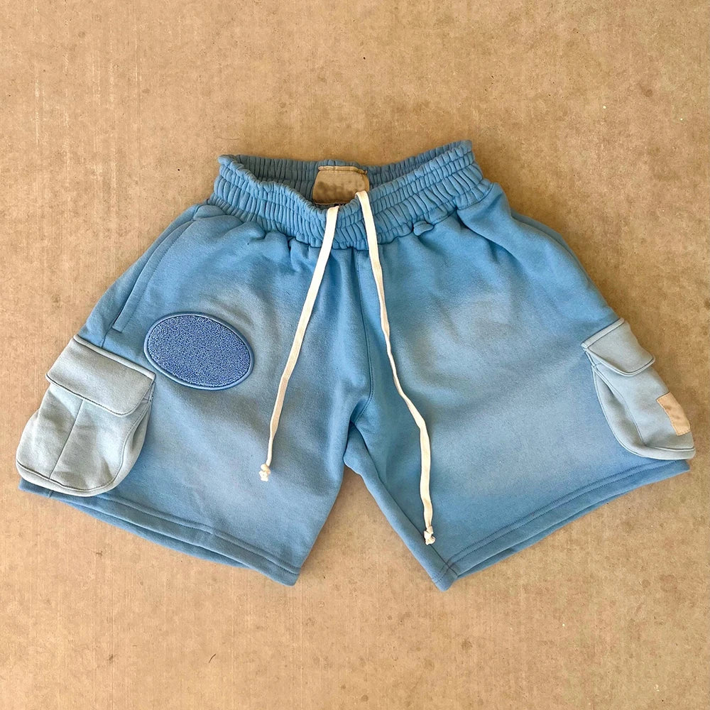 Huilin Manufacturer Oem Chenille Applique Embroidery Patched Shorts Men Vintage Washed Sun Faded 100% Cotton Sweat Shorts