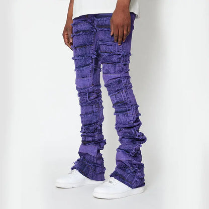 hot sales streetwear purple fashion men's jeans raw hem custom flare jeans extended stacked jeans men