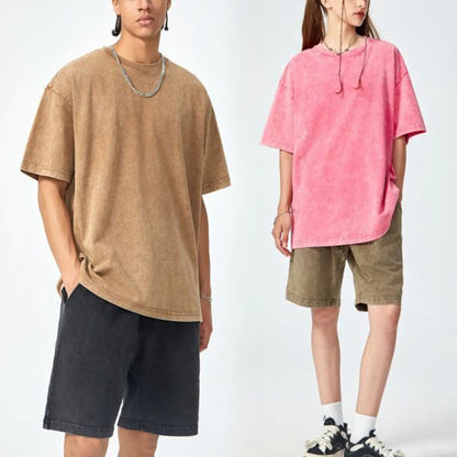 Heavyweight Cotton Supplier Low MOQ Acid Wash Garment Dye Blank Custom Print Casual Crewneck Tee