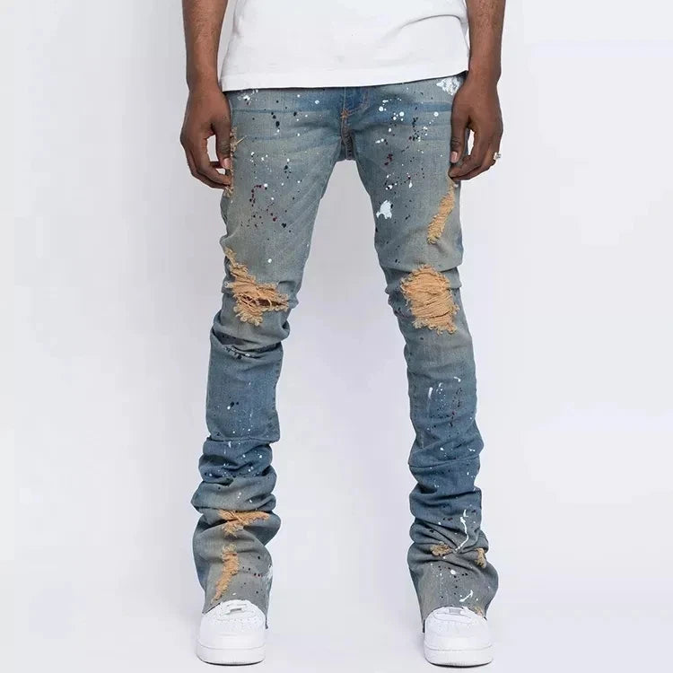 Wholesale custom vintage flared jeans paint splash skinny ripped stacked jeans men flare