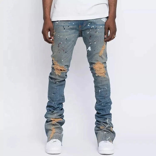 Wholesale custom vintage flared jeans paint splash skinny ripped stacked jeans men flare