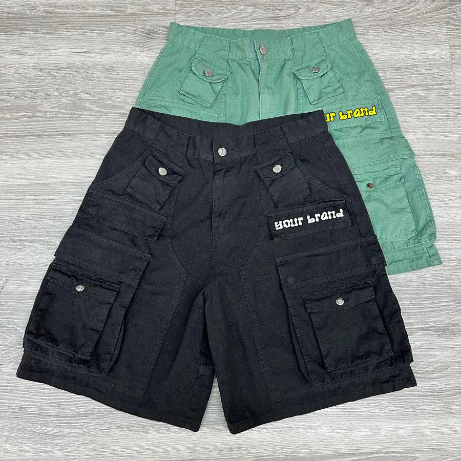 Huilin Factory Oem 100% Cotton Streetwear Cargo Shorts Oversized Fit Men Custom Logo Printing Utility Pockets Cotton Shorts