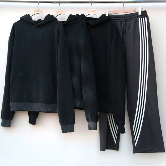 Fleece Vintage Washed Hoodies Sweatpants Sets Men Custom Logo Striped Trimmed Shorts Sweatpants Solid Color Hoodie