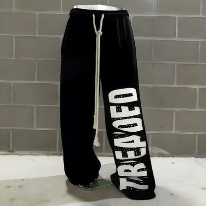 Winter Thick Cotton Distressed Washed Jogger Track Pants Custom Men Oversized Wide Leg Rhinestone Logo Printing Baggy Sweatpants