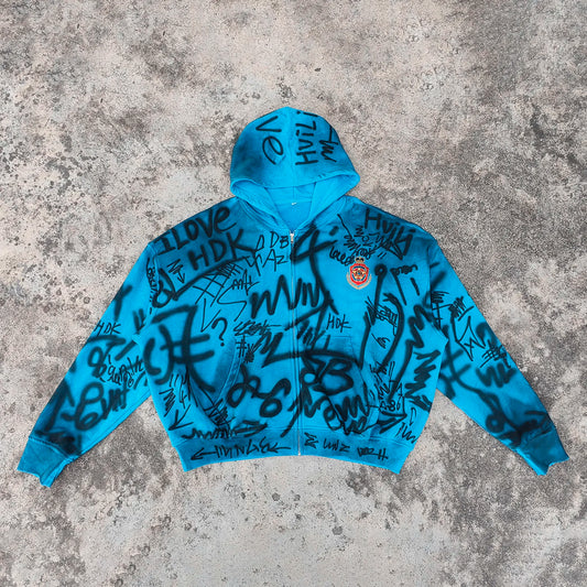 Streetwear Unisex Heavyweight Hoodies Custom Embroidery logo Men Allover Printed Zip up French Terry Graffiti Hoodie