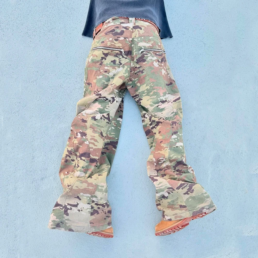 Huili Custom Fashion Streetwear Outdoor Work Pants Trousers Allover Camo Graphic Printing Men Baggy Wide Leg Flared Cargo Pants