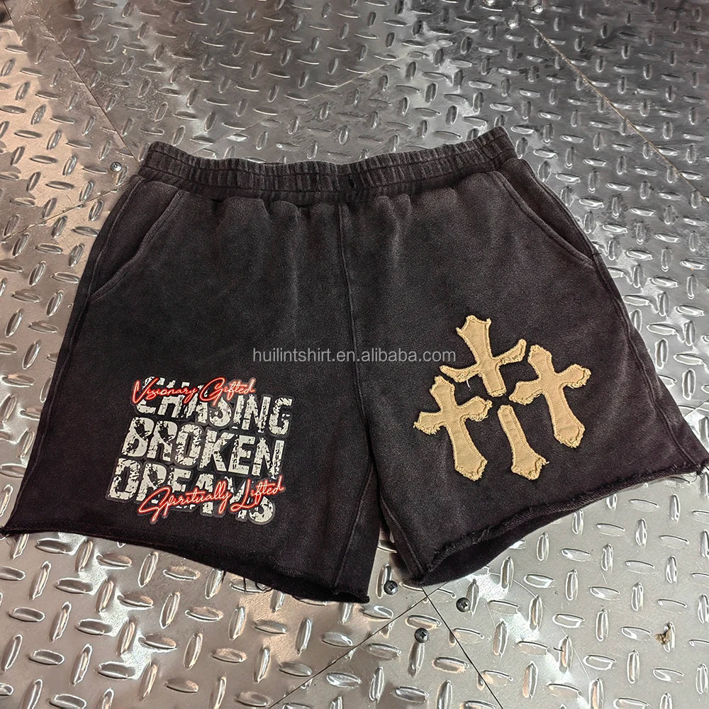 Huilin Oem Custom Distressed Applique Patch Embroidery French Terry Shorts Pants Sunfaded Washed Men Rhinestones Sweat Shorts