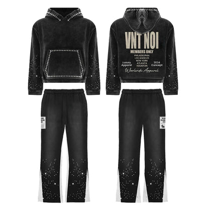 Winter New Style Two Piece Hoodie Sweatpants Sets Custom Vintage Washed Men Embroidery Logo Rhinestone Tracksuits Set