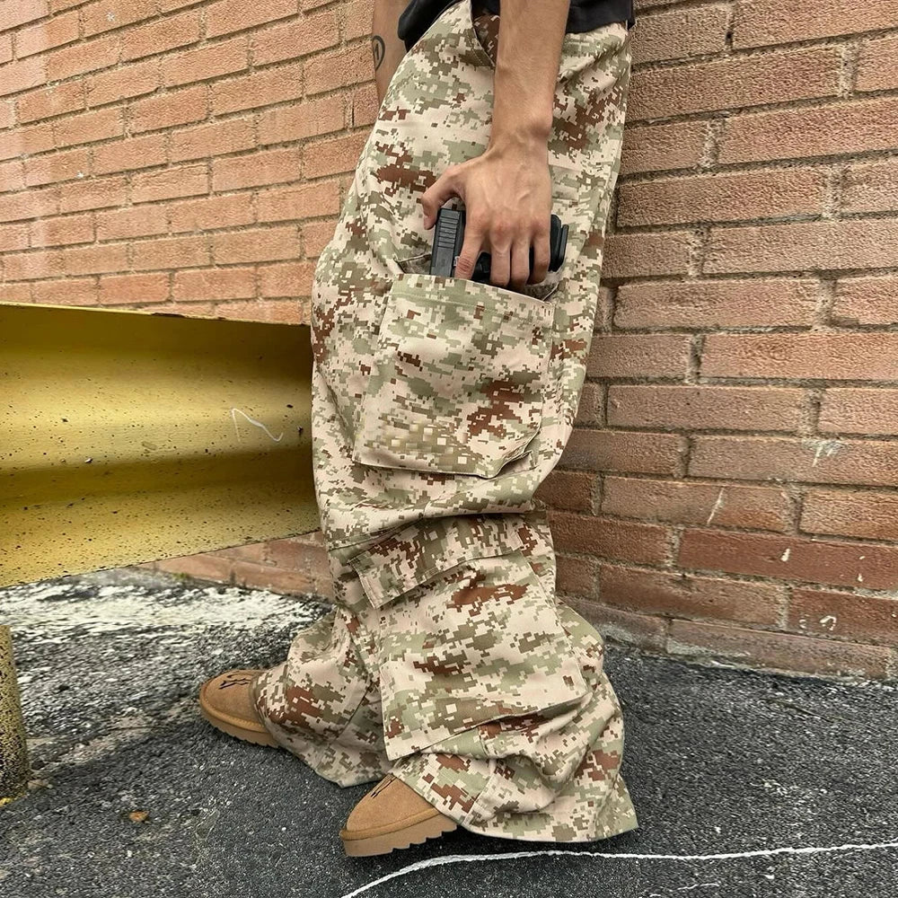 Huilin High Quality Thick Cotton Outdoor Carpertner Tactical Pants Custom Printed Oversized Men Baggy Wide Leg Camo Cargo Pants