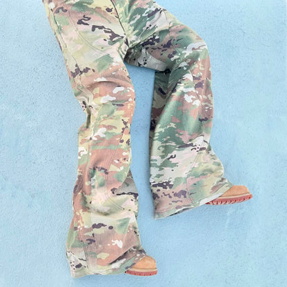 New Trend Thick Cotton Streetwear Work Pants Custom Camo Printed Men Baggy Flared Wide Leg Tactical Cargo Pants