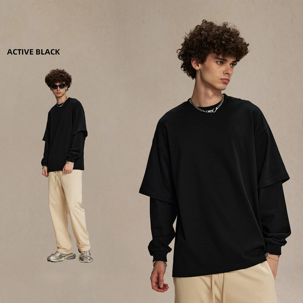 Huili Oem Unisex Loose Fit Oversized Solic Color Basic Tshirts 305Gsm Heavyweight Cotton Men Double Layer Long Sleeve T Shirt