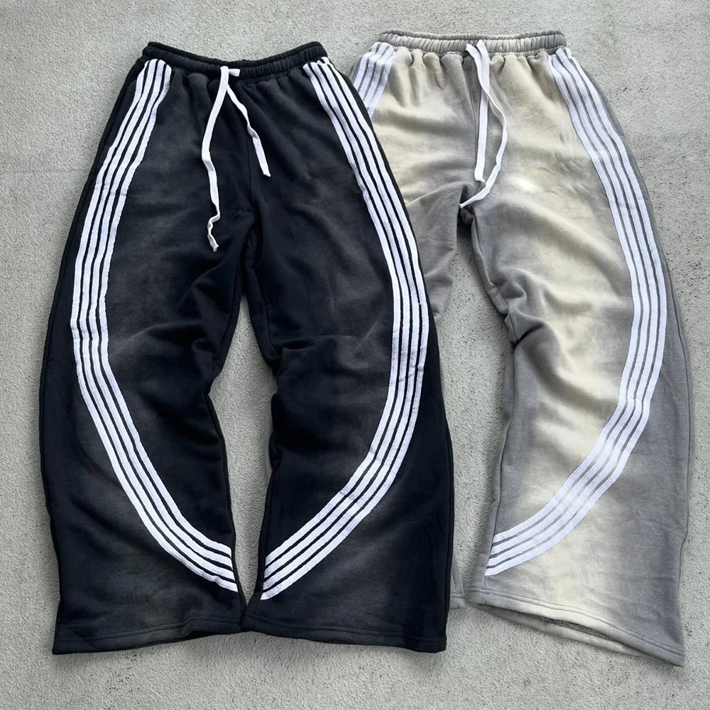 Huilin New Trend Heavyweight Cotton Oversized Track Pants Men Custom Vintage Sun Faded Washed Striped Wide Leg Sweatpants