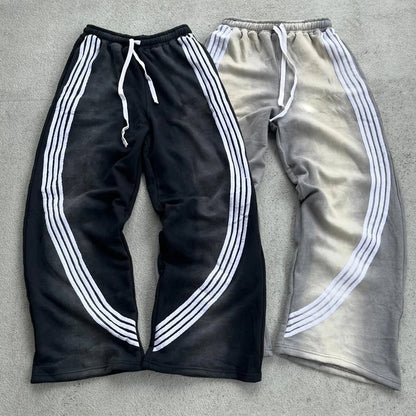 New Trend Heavyweight Cotton Oversized Track Pants Men Custom Vintage Sun Faded Washed Striped Wide Leg Sweatpants