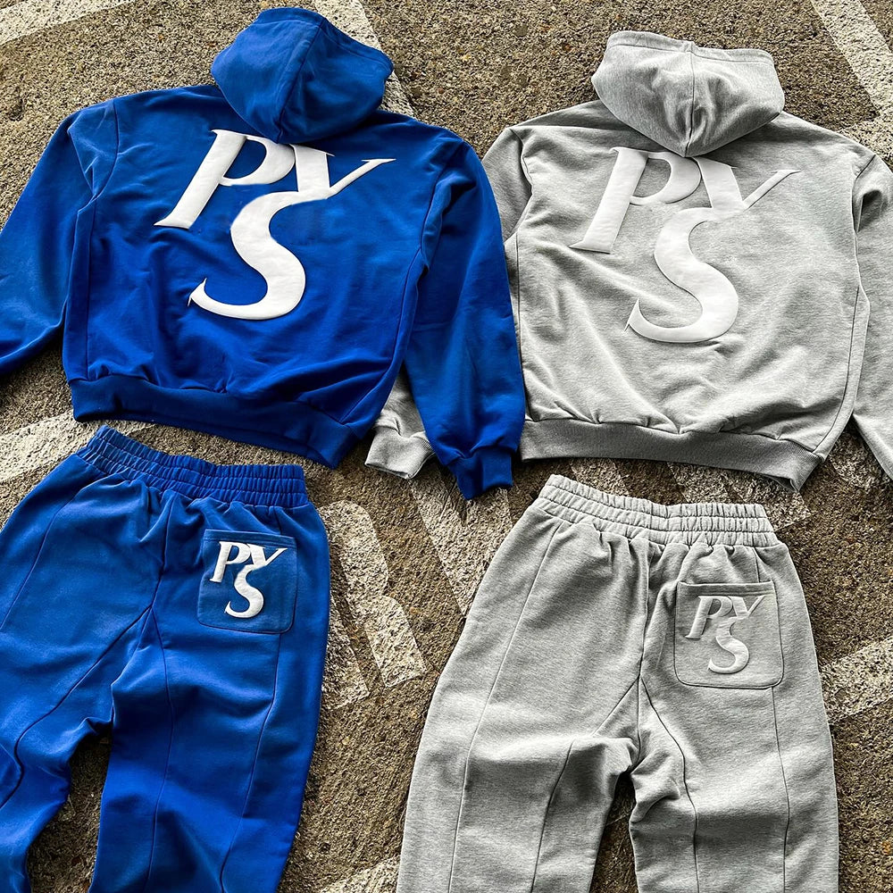 Huilin High Quality Custom Logo Vintage Hoodies Sweatpants Sets  Dtg Print Two Piece Set Streetwear Men Tracksuit Sweatsuits