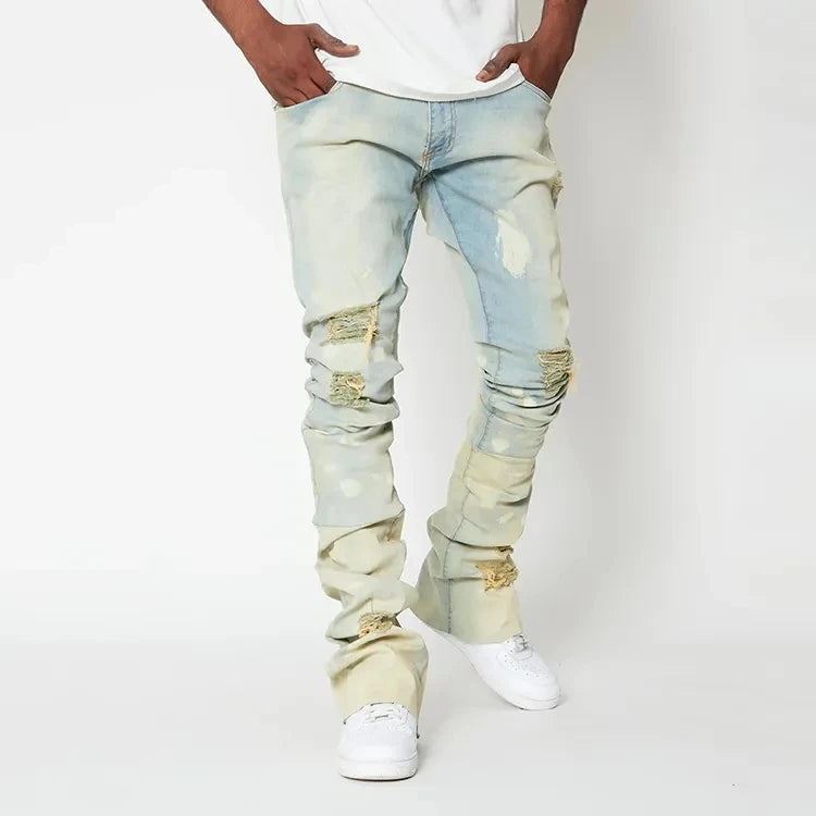 Wholesale custom vintage flared jeans paint splash skinny ripped stacked jeans men flare