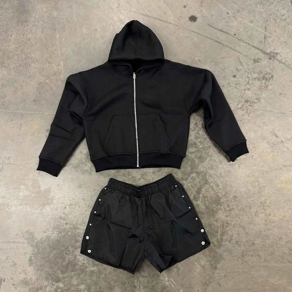 Huilin High Quality Streetwear Two Piece Hoodie Shorts Sets Custom Solid Color Men Tracksuit Sweatsuits