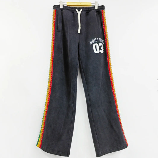 Oem Vintage Washed Thick Cotton Track Jogger Pants Men Custom Logo Embroidery Patched Wide Leg Side Rhinestone Sweatpants