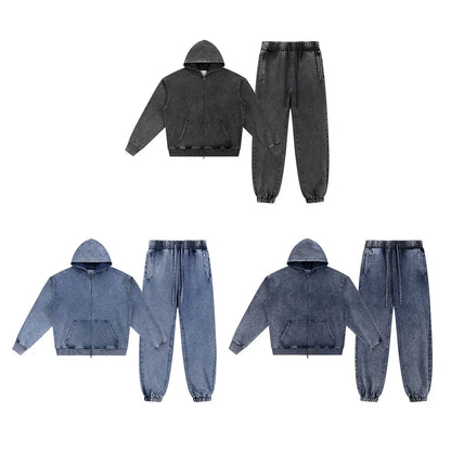 Vintage Fashion Supplier Low MOQ Acid Wash Washed Blank Custom Print Mens Loose Fit Sweatsuit Set