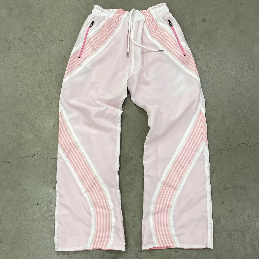 Huilin OEM Streetwear Unisex Sportswear Pants Trousers Custom Striped Trimmed Reversible Straight Wide Leg Men Track Pants