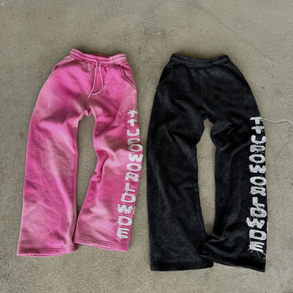 Winter Heavyweight Cotton Vintage Washed Sweatpants Custom Logo Embroidery Patched Men Sunfaded Wide Leg Sweatpants