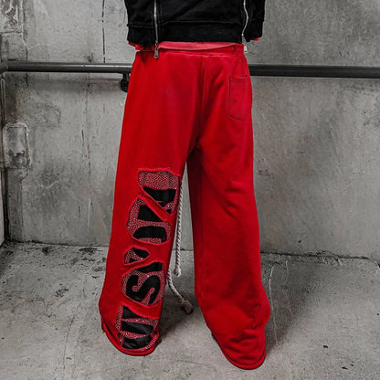 Winter Thick Cotton Distressed Washed Jogger Track Pants Custom Men Oversized Wide Leg Rhinestone Logo Printing Baggy Sweatpants