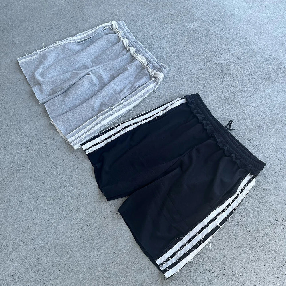 Huilin Oem Heavyweight Cotton French Terry Shorts Custom Striped Side Men Distressed Raw Hem Wide Leg Streetwear Sweat Shorts