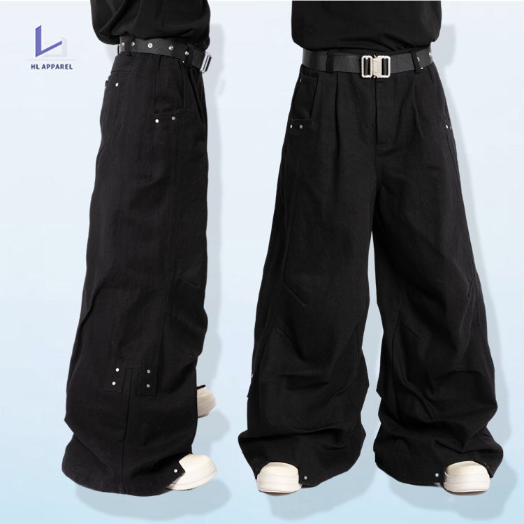 Monster factory wholesale vintage black wash parachute pants men loose custom straight wide leg pants