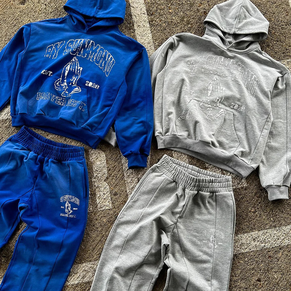 Huilin High Quality Custom Logo Vintage Hoodies Sweatpants Sets  Dtg Print Two Piece Set Streetwear Men Tracksuit Sweatsuits