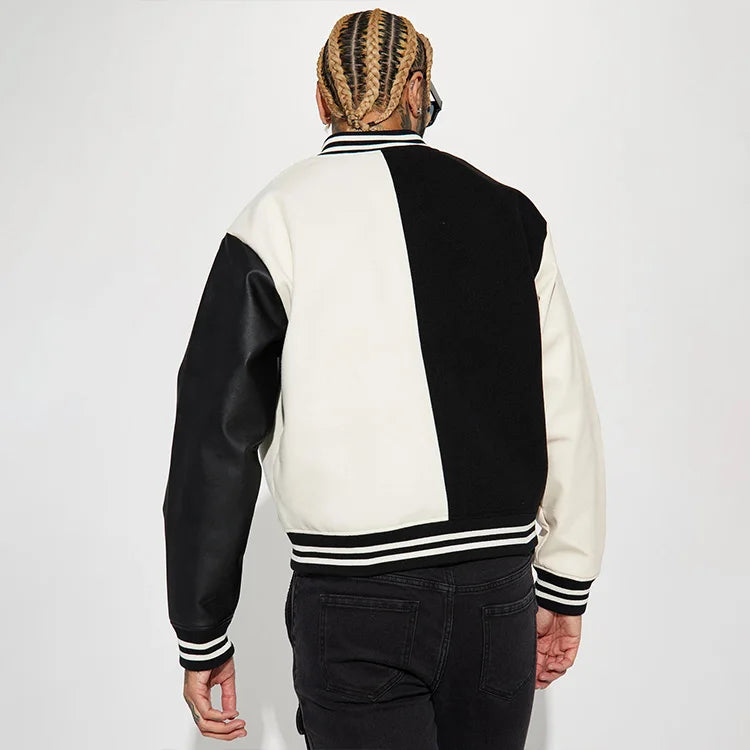 Custom Wholesale Wool Shell Letterman Bomber Jacket White Black Combo Faux Leather Sleeves Colorblock Varsity Men's Jacket