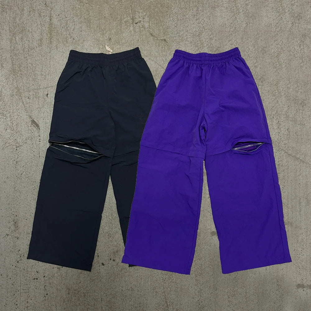 Hot Selling Casual Solid Color Nylon Sports Pants Oversized Men Custom Wide Leg Convertible Track Pants